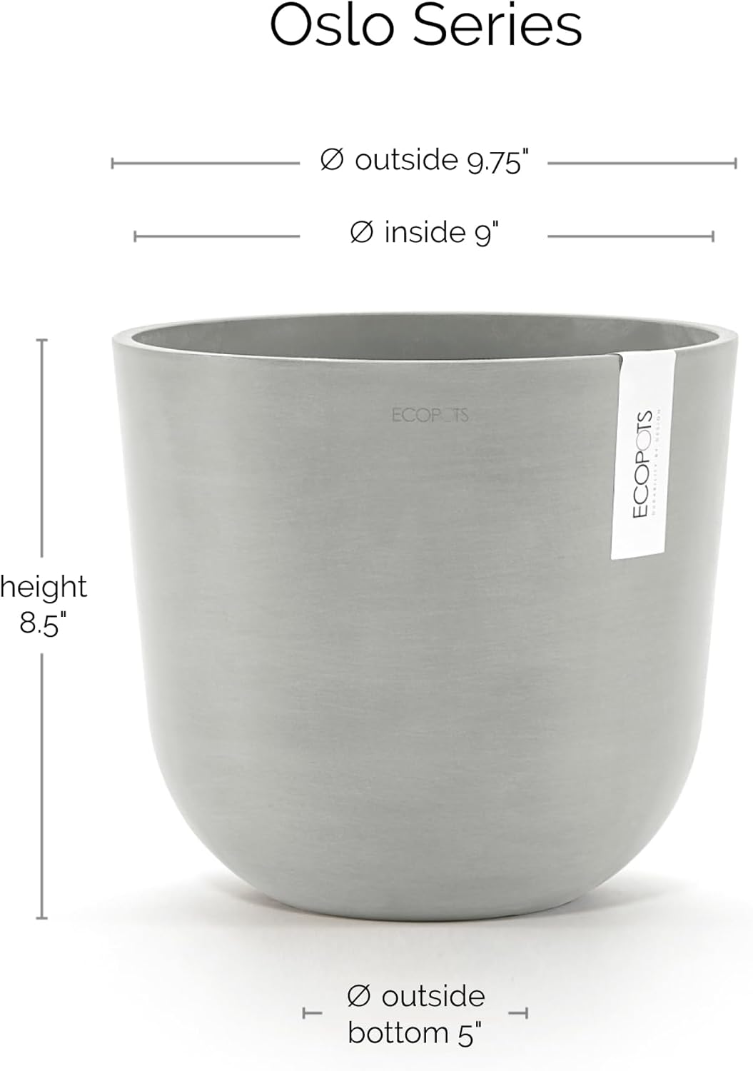 Ecopots Oslo Durable Modern Round Indoor/Outdoor Recycled-Based Composite Flower Pot Planter, White Grey, 10"