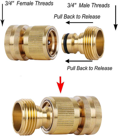 Garden Hose Quick Connectors, Solid Brass 3/4 inch GHT Thread Easy Connect Fittings No-Leak Water Hose Male Female Value Pack (5)