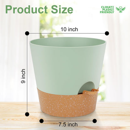 10-Inch Plant Pots, Self-Watering Planters with Drainage Holes & Saucers for Indoor and Outdoor Plants (2-Pack, Green)