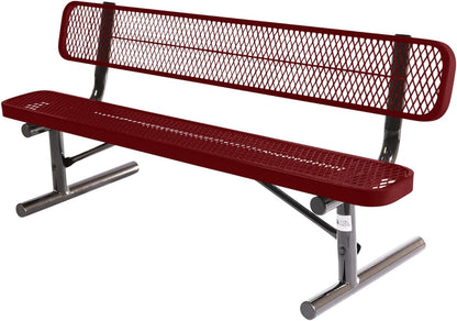 Heavy-Duty Portable Outdoor Bench Thermoplastic Coated, Expanded Metal, Commercial-Grade Seating, Made in America (Portable with Back, 6 Ft, Textured Burgundy)