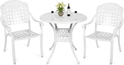 MEETWARM 3 Piece Patio Bistro Set, Outdoor All-Weather Cast Aluminum Dining Furniture Set Includes 2 Chairs and a 31” Round Table with Umbrella Hole for Garden Deck, White