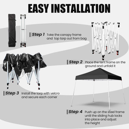 10x10 Pop Up Canopy, 300D Silver Coated Black Fabric Outdoor Gazebo, Beach Tent Slant Legs with Storage Bag,Easy Up Sun Shade Shelter Tents with 8x8 Top Cover for Patio,Party