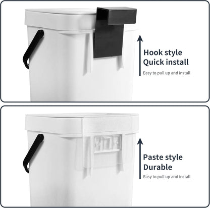Domiella 2 Pack 1.3 + 0.8Gal Hanging Small Trash Can with Lid, Kitchen Compost Bin for Counter Top Under Sink, Sealed Food Waste Bin, Mountable Indoor Compost Bucket for Cupboard/Bathroom (White)