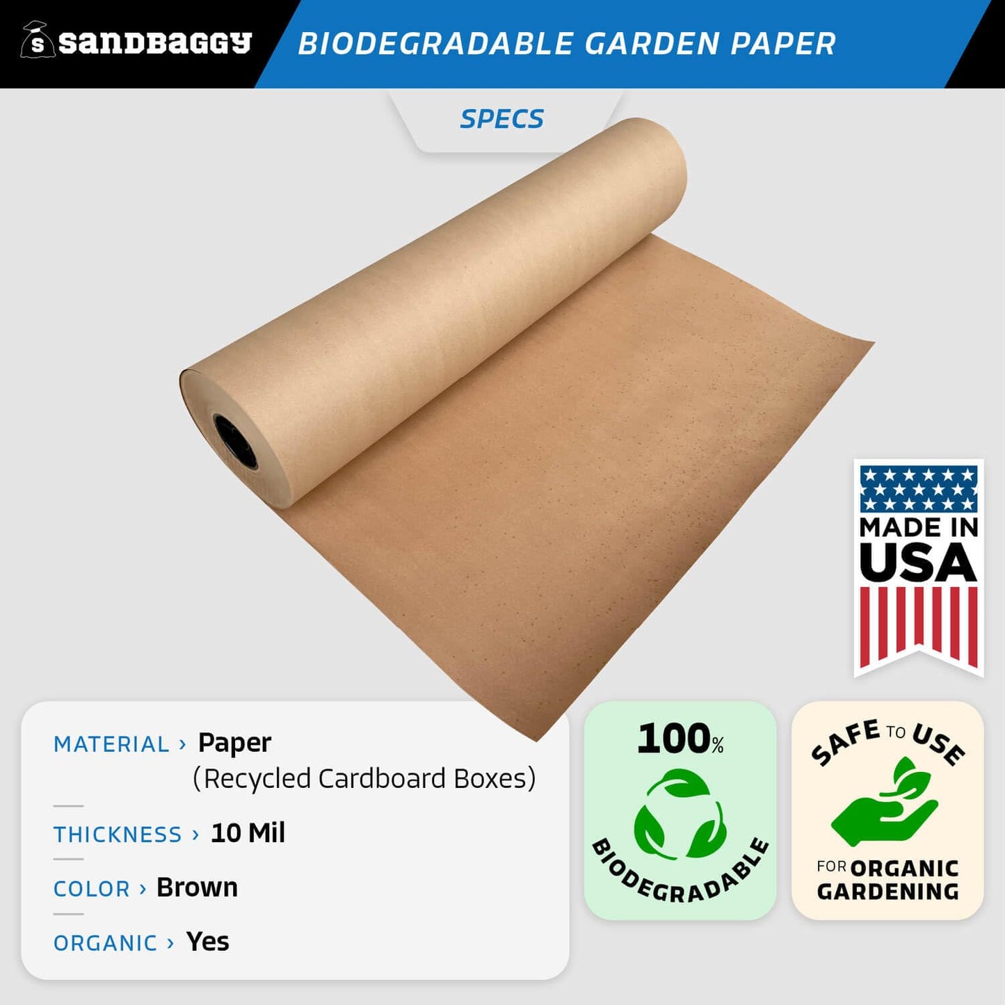 Sandbaggy Biodegradable Landscape Fabric - Garden Paper for Weeds - Paper Mulch Rolls - Made in America (4 ft x 475 ft, 25)