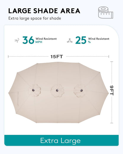 SERWALL HDPE Patio Furniture Set with 15FT Double Side Patio Umbrella, All Weather Wood-Like Outdoor Sofa Sectional Couch, Grey Patio Furniture with Khaki Cushions