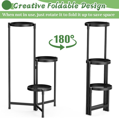MOKANI Metal Plant Stand Indoor Outdoor for Multiple Plants, 3 Tiered Folding Corner Shelf Tall Flower Pot Holder Display Rack for Patio Living Room Balcony Garden, Black