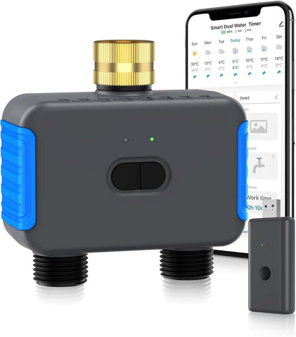 WiFi Sprinkler Timer, 2 Zone Smart Bluetooth Hose Timer, Programmable Automatic Irrigation System with Remote APP, Compatible with Alexa Google, Watering for Outdoor Garden Yard Lawn