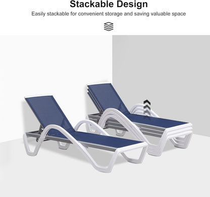 PURPLE LEAF Patio Chaise Lounge Chair Outdoor Plastic Textilene Sun Bathing Recliner Tanning Pool Lounger with 6 Adjustable Position for Outside Beach in-Pool Lawn Poolside, Blue
