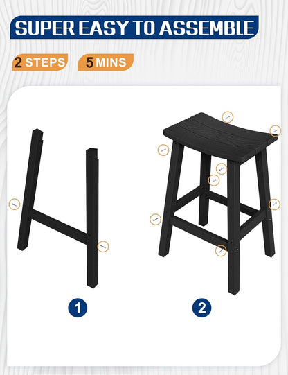 Weatherproof Bar Stools Set of 2, 28" Height Outdoor Bar Stools Holds up to 400 lbs, Saddle Seat, Bar Height Stools for Patio, Garden, and Kitchen Island, Black