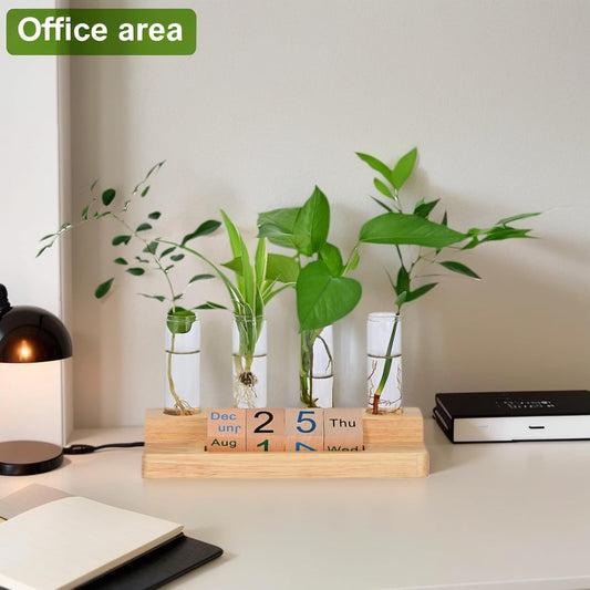 Propagation Vases for Plants, with Block Calendar for Desk, for Home and Desk Decor, Perfect Gardening Gifts for Women, Mom, Teacher, Horticulturist(Light Wood Color)