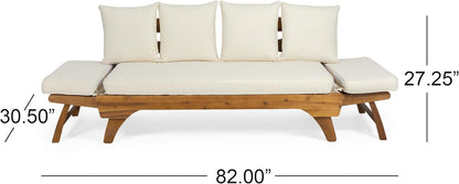 Outdoor Adjustable Patio Wooden Serene Daybed Sofa Chaise Lounge with Cushions for Small Places, Sleeper Chair with Armrest for Backyard, Poolside (Beige)