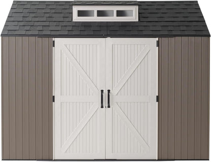 Rubbermaid Extra Large Resin Outdoor Storage Shed With Floor (7 x 10.5 Ft.) Weather Resistant Brown Organization for Home/Lawn Mower/Backyard Equipment/Bike Storage/Pool Supplies
