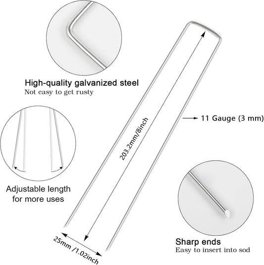 FEED GARDEN 8 Inch 50 Pack Galvanized Landscape Staples 11 Gauge Anti-Rust Garden Stakes Landscaping Fabric SOD Pins Yard Stakes for Weed Barrier Fabric