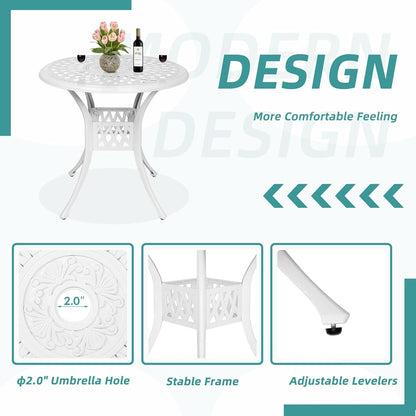 MEETWARM 3 Piece Patio Bistro Set, Outdoor All-Weather Cast Aluminum Dining Furniture Set Includes 2 Chairs and a 31” Round Table with Umbrella Hole for Garden Deck, White