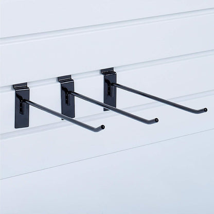KINGDOM SOLUTIONS – 16-Pack Black Metal Slatwall Hooks (8X 4, 8X 6) – Heavy-Duty Slat Wall Accessories for Garage Organization, Retail Displays & Tool Storage Systems