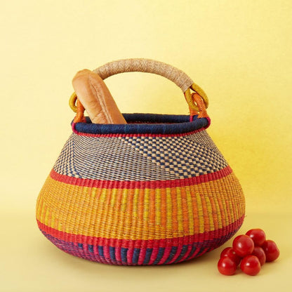 Home & Kitchen Decor, Wicker Basket, Picnic Basket, Living Room Basket, Organizing, Harvesting, Foraging, Fruit Storage, Hand Woven, Pot Shape, 16" Wide, Boho - Red Blue