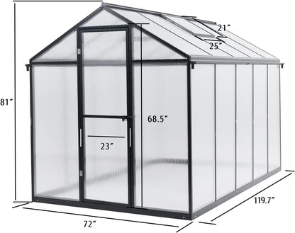 BPS 6' x 10' Walk-in Polycarbonate Greenhouse with Heavy-Duty Aluminum Frame, 2 Vent Windows & Lockable Door for Outdoor, Patio, Backyard, and Garden Use