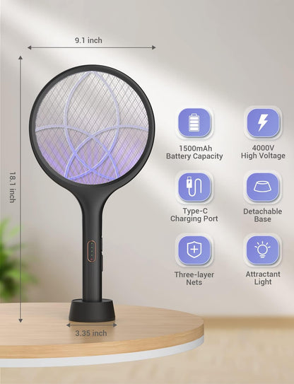 YISSVIC Electric Fly Swatter Bug Zapper Racket Dual Modes Mosquito Killer with Purple Mosquito Light Rechargeable for Indoor Home Office Backyard Patio Camping