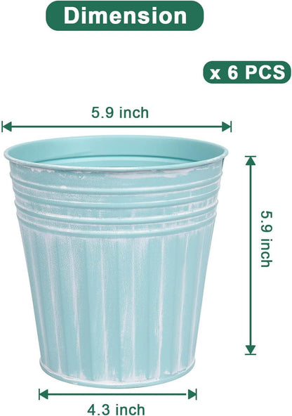 vensovo 6 Inch Cyan Blue Metal Rustic Flower Pots - 6Pcs Galvanized Planters with Drainage Hole and Rubber Plug, Rustproof Metal Bucket Plant Pots Farmhouse Vintage Style for Decor