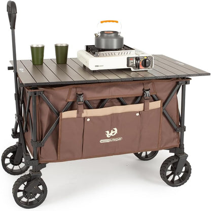 Whitsunday Folding Collapsible Utility Wagon, Heavy Duty Outdoor Park Beach Wagon with Table and Side Pocket for Camping Sports Shopping Brown
