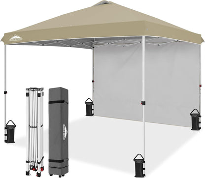 EAGLE PEAK Pop Up Canopy Tent with 1 Sidewall, Easy Setup Event Tent, Outdoor Sun Shade, Wheeled Carry Bag, Stakes and Guy Ropes, Instant Canopy 10x10, Light Beige