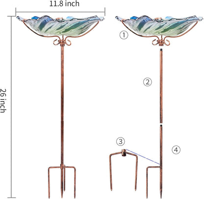 Glass Bird Bath Outdoor Birdbaths Garden Birdfeeder with Metal Stake Green(Height:26inch)