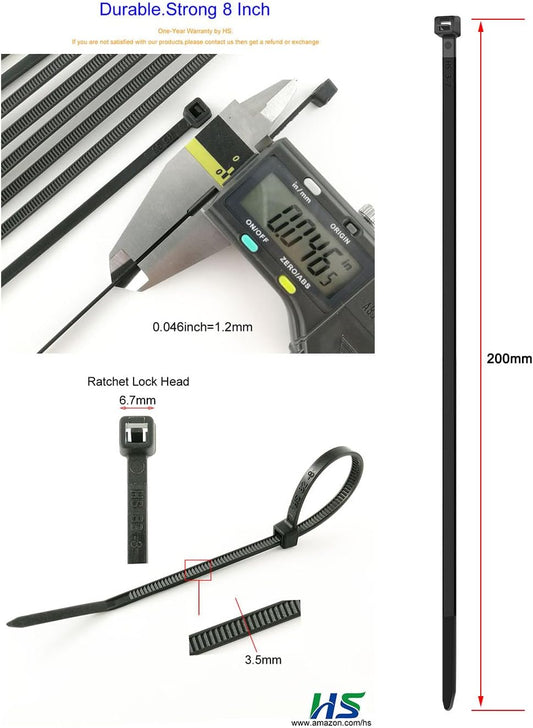 HS Durable Plastic Zip Ties 8 Inch (Bulk-1000 Pack) UV Rated Black Cable Ties 40 Lbs Self-Locking Wire Ties Width 1/8 Inch,Outdoor Purpose