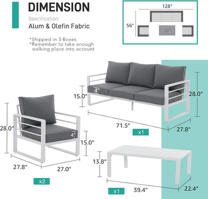 Patiorama Aluminum Patio Furniture Set, 4 PCS Modern Patio Conversation Set, All Weather White Outdoor Sectional Sofa Set w/Coffee Table, 3-Seater Sofa, Superior Olefin Cushion, Garden-Grey Cushion