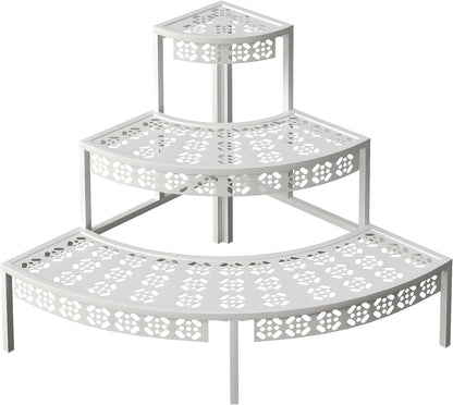 aboxoo 3 Tier Plant Stand Semi-Circular Flower Pot Organizer Rack Quarter Round Plant Display Holder Outdoor Storage Shelves Metal Corner Shelf Planter Shelving Ladder Plant Stand for Indoor