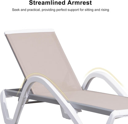 PURPLE LEAF Patio Chaise Lounge Chair Set Outside Aluminum Plastic Stackable Tanning Chairs with Armrests and Side Table for Pool Sunbathing Beach Deck Outdoor Lounger, Beige