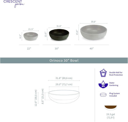 Crescent Garden Large Outdoor Planter Bowl – Double-Walled Resin Pot with Drain Hole for Water Gardens, Fountains, Decorative Landscaping - 30" W x 12" H (Weathered Concrete)