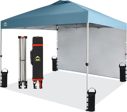 CROWN SHADES 10x10 Pop Up Canopy with 1 Side Wall - Beach Tent with One Push Setup - Outdoor Sun Shade for Events, Parties, Camping - Gazebo with STO-N-Go Cover Bag (Cyan Blue)