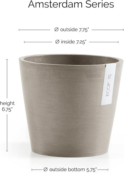 Ecopots Amsterdam Durable Modern Round Indoor/Outdoor Recycled-Based Composite Flower Pot Planter, Taupe, 8"