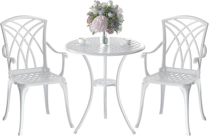 Patio Bistro Set 3 Piece, Cast Aluminum Bistro Set for 2 w/Umbrella Hole, Outdoor Table and Chairs Set of 2, Bistro Set for Balcony/Backyard/Garden, White