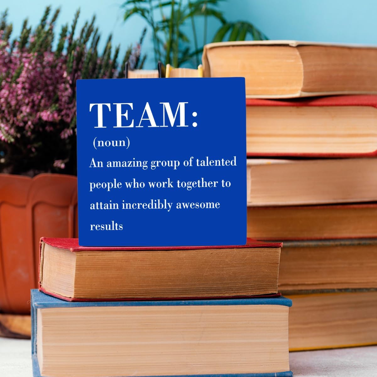 HTBIG Rustic Wooden Team Noun Office Decor Desk Sign, Blue