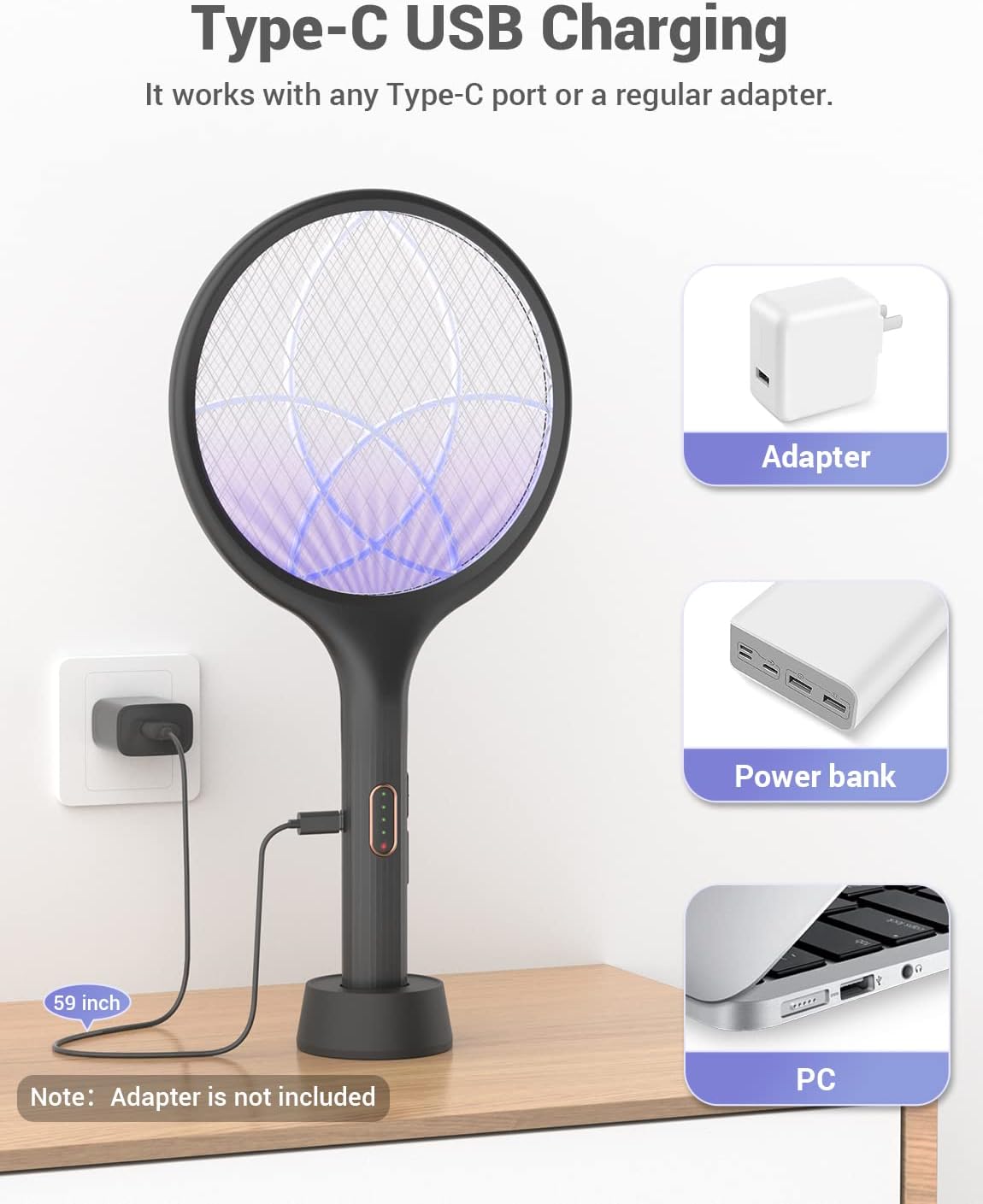 YISSVIC Electric Fly Swatter Bug Zapper Racket Dual Modes Mosquito Killer with Purple Mosquito Light Rechargeable for Indoor Home Office Backyard Patio Camping (Black 2 Pack)