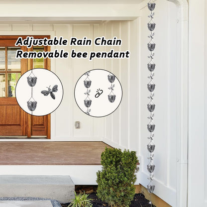 7.8 FT Rain Chain, Metal Rain Gutter Chains with 10 Cups & Detachable Bees Decor, Adjustable Rain Catcher Chain with Bell for Eaves Drainage, Replacement for Downspout