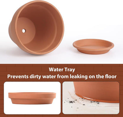 INGOFIN Terracotta Pot with Saucer - 10 Inch Ceramic Clay Pot for Plants with Drainage Hole, Large Terra Cotta Flower Planter with Tray for Indoor Outdoor Plants