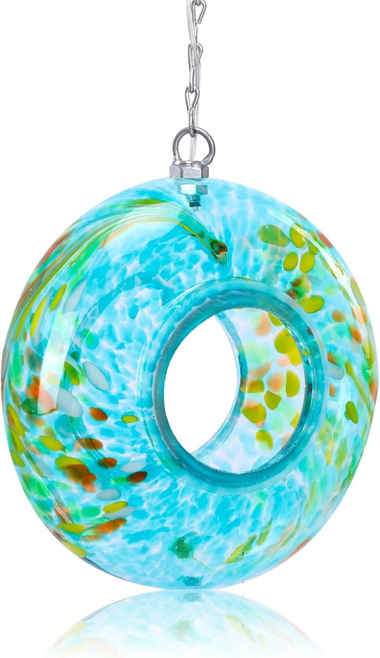 Yinns Bird Feeder - Fly Through Bird Feeders for Outside Hanging with Round Shape Glass Container, Solar Birdsfeeder for Yard Garden Decor, 8-Inch