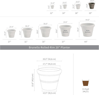 Crescent Garden Brunello Classic Rolled Rim Planter Pot, Indoor/Outdoor Weather-Safe Round Plant Pot, 20'' (Caviar Black)
