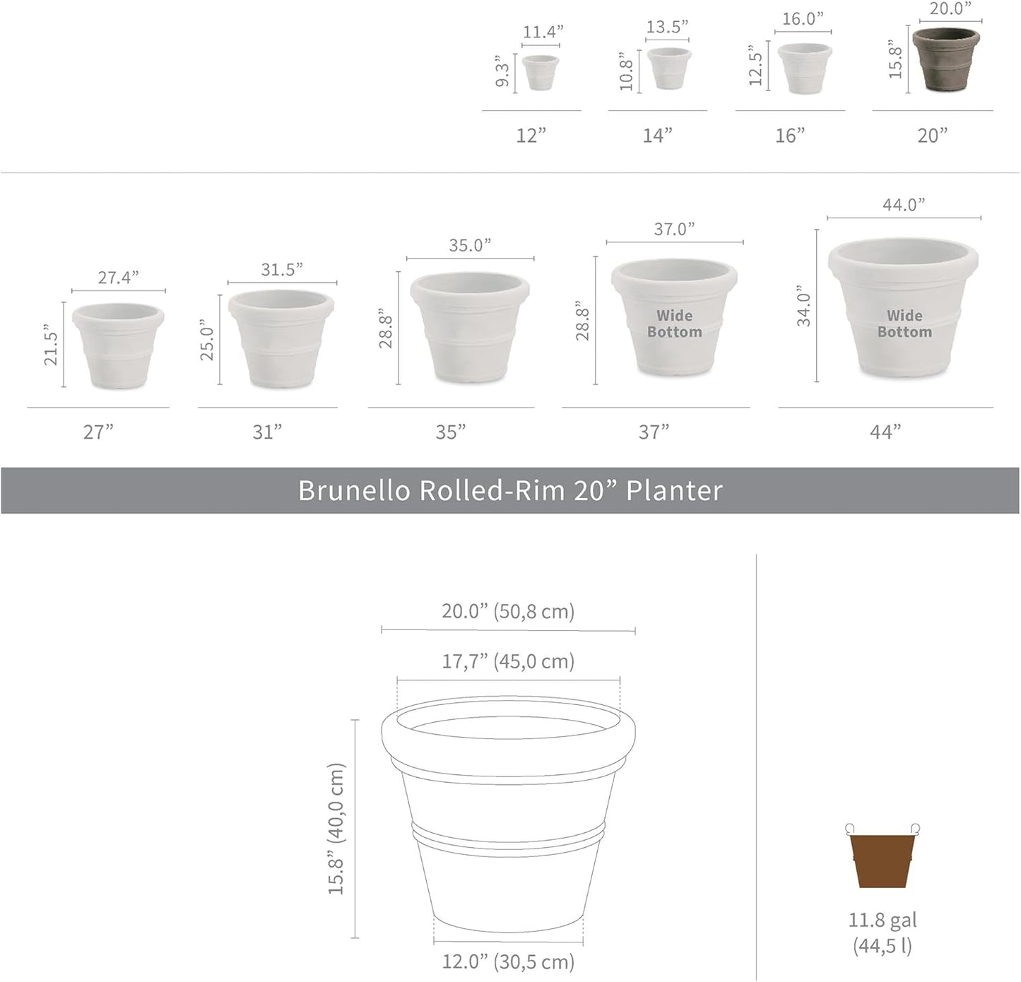 Crescent Garden Brunello Classic Rolled Rim Planter Pot, Indoor/Outdoor Weather-Safe Round Plant Pot, 14'' (Caviar Black)