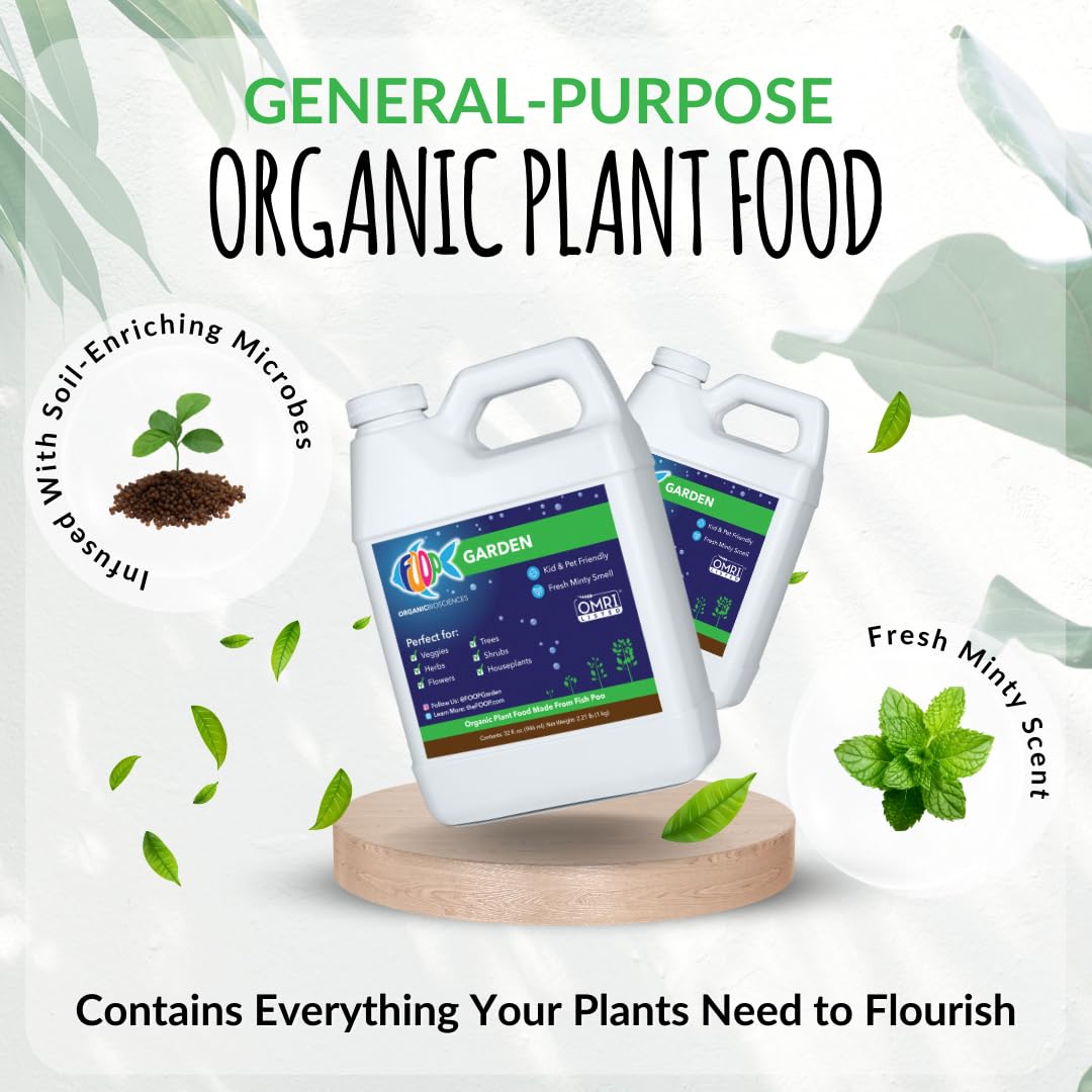 FOOP Garden - Organic Liquid Plant Food Made from Fish Manure (with Fresh Minty Scent) | Fish Fertilizer Alternative Perfect for Veggies, Herbs, Flowers,Trees,Shrubs | Kid&Pet Friendly (32oz)