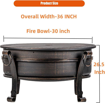 36 Inch Fire Pit with Grill & Lid, Fireplace & Round Table & BBQ 3 in 1 Fire Pit,Heavy Duty Wood Burning Fire Pits for Outside with Fire Poker, Waterproof Cover & Log Grate