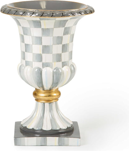 MACKENZIE-CHILDS Pedestal Tabletop Urn, Decorative Centerpiece for Table, Mantel, or Shelf, Tall, Gray-and-White Sterling Check