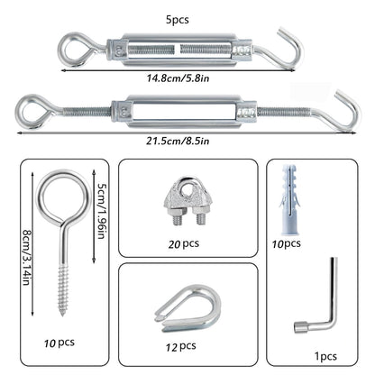 M6 Turnbuckles for Cables Wire Kit, 3/16" PVC Coated Steel Cable Kit w/ 7×7 Strand Core & 100Ft Wire Rope Tensioner Strainer for String Light Hanging/Deck Stair Railing/Shade Sail/Clothes Line