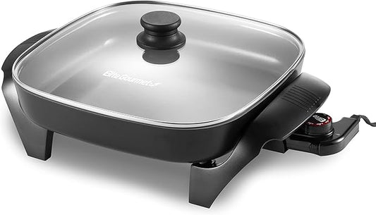 Elite Gourmet 12"x12"x2.15” Ceralast™ PFAS Free Ceramic Electric Skillet, Dishwasher Safe, Rapid Heat Up, 1200W, Dark Grey