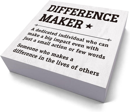 HTBIG Difference Maker Thank You Gifts Office Decor Funny Inspirational Desk Decor Coworker Gifts for Women Men Teacher Boss Day Retirement Rustic Wooden Box Sign for Tabletop Office Bookshelf White