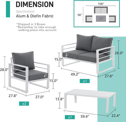 Patiorama Aluminum Patio Furniture Set, 4 PCS Modern Patio Conversation Set, All Weather White Outdoor Sectional Sofa Set w/Coffee Table, Loveseat, Superior Olefin Cushion, Garden-Grey Cushion