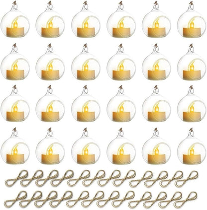 Sziqiqi Hanging Glass Globes Orbs Tea Light Candle Holders with Flameless LED Tealight for Wedding Ornaments, Wedding Birthday Christmas Party Centerpiece Accessory 2.36inch 20pcs +4 Extra