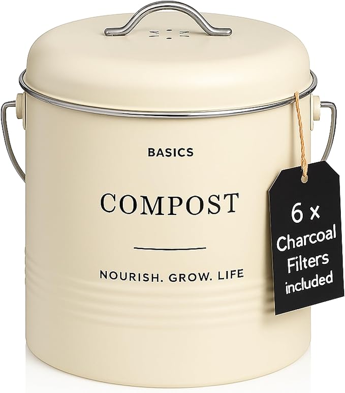 D'Lifeful Kitchen Compost Bin – 1.3 Gallon Countertop Farmhouse Compost Container with Lid – Odorless Indoor Food Scrap Pail with 6 Charcoal Filters – Eco-Conscious and Easy to Clean (Cream)